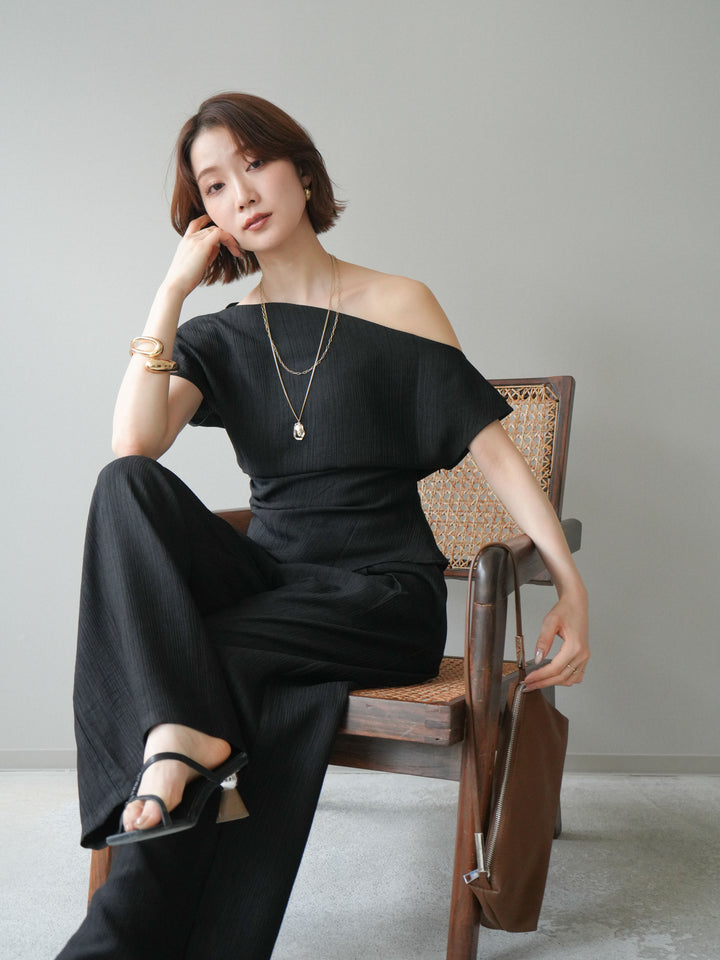 [予約]クレープアシンメトリーギャザートップス/black