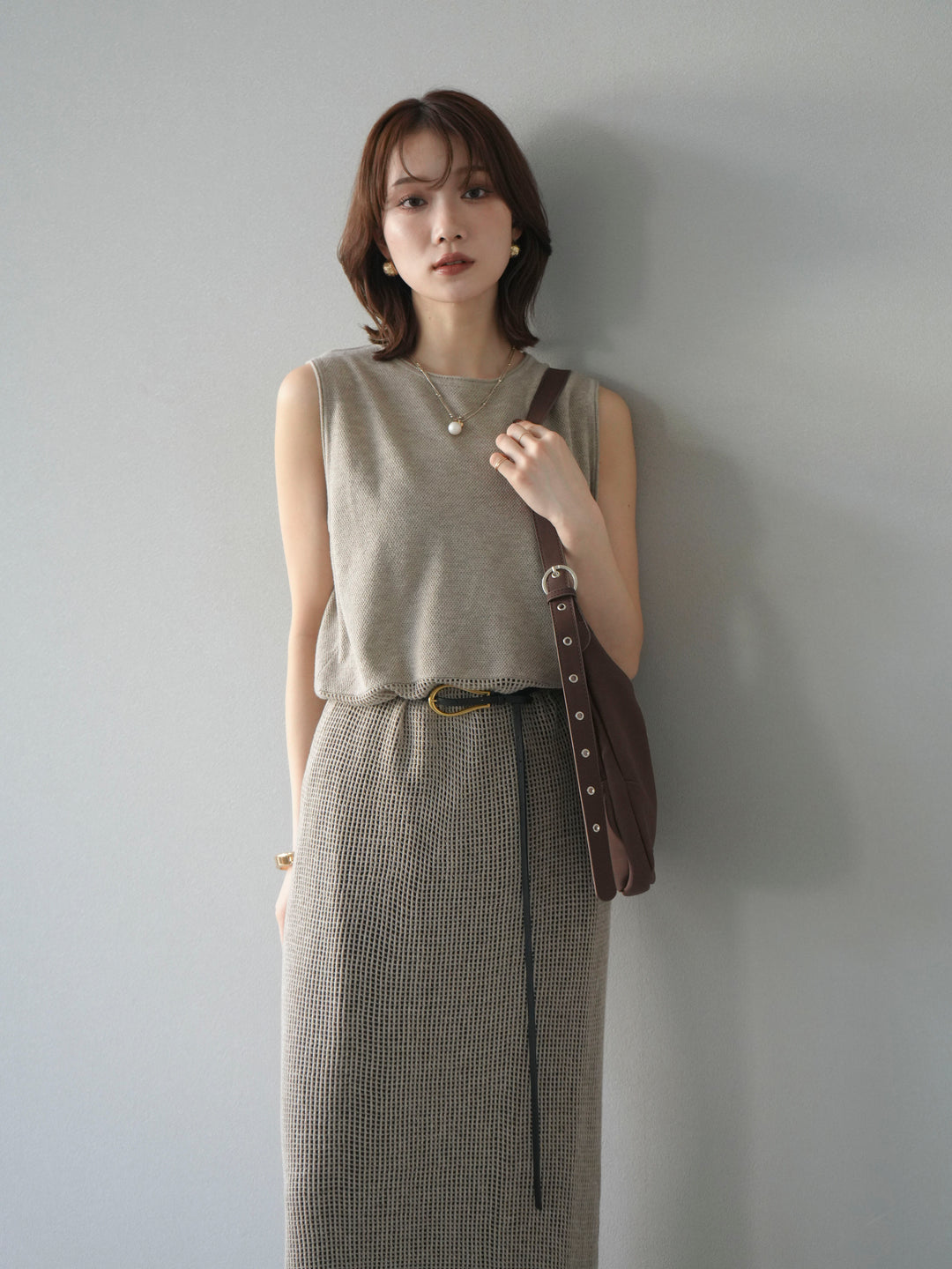 [予約]メッシュ切替ノースリーニットワンピース/beige