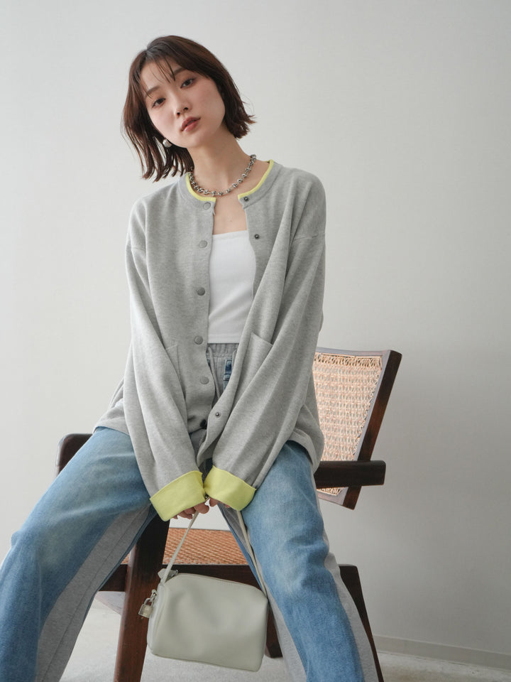 [SET]バイカラーオーバーニットカーディガン+デニム切替スウェットパンツ(2set)