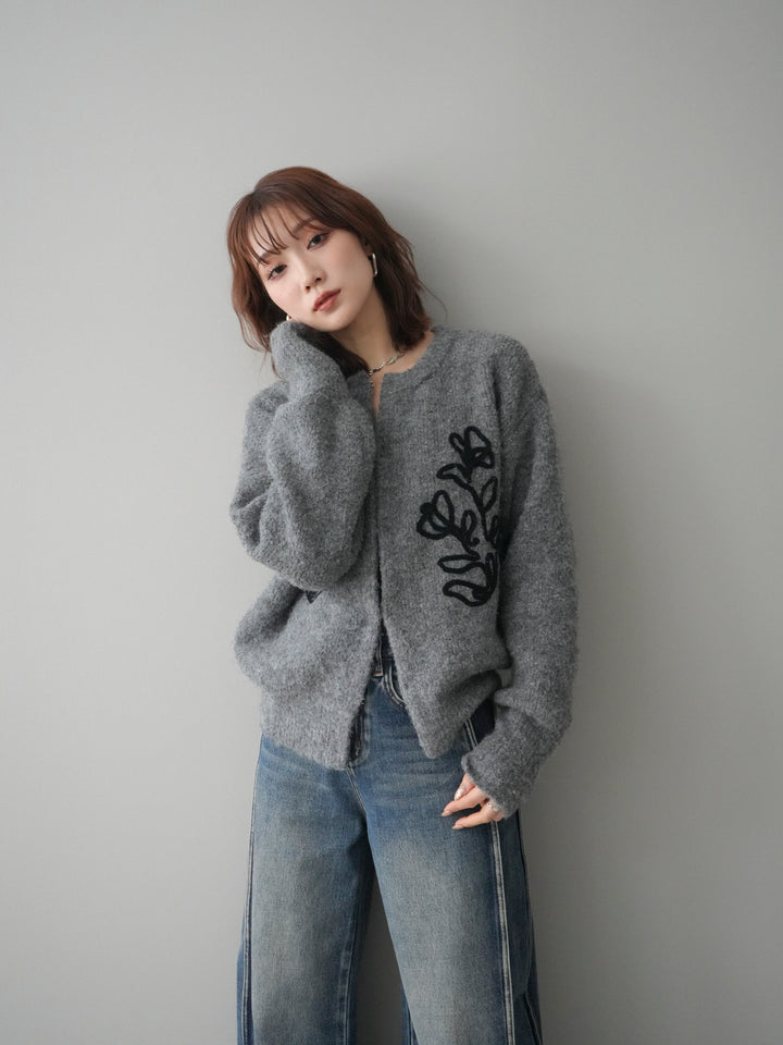 [予約]テープ刺繍ホック開きブークレニットカーディガン/mokugray