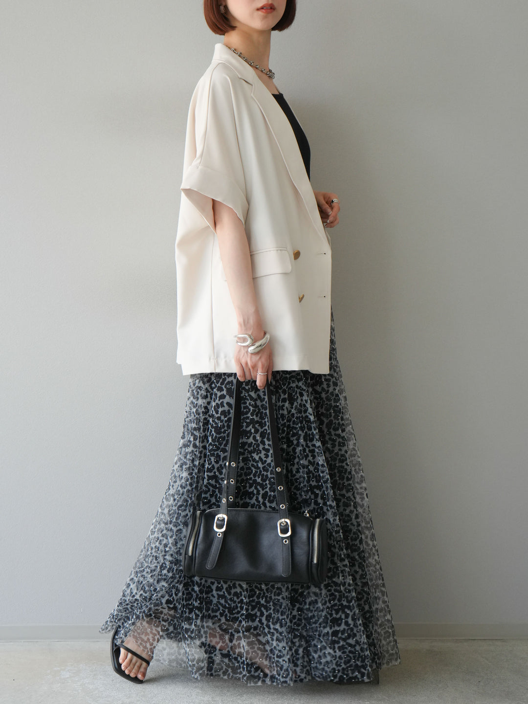 [予約]レオパードチュールレイヤードプリーツスカート/ブラック