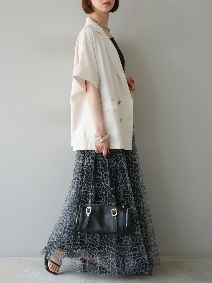 [予約]レオパードチュールレイヤードプリーツスカート/ブラック