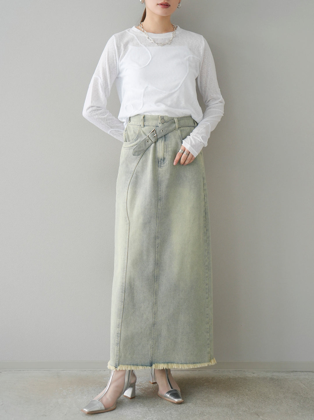 【預購】繩繡透視長袖T卹/米白色