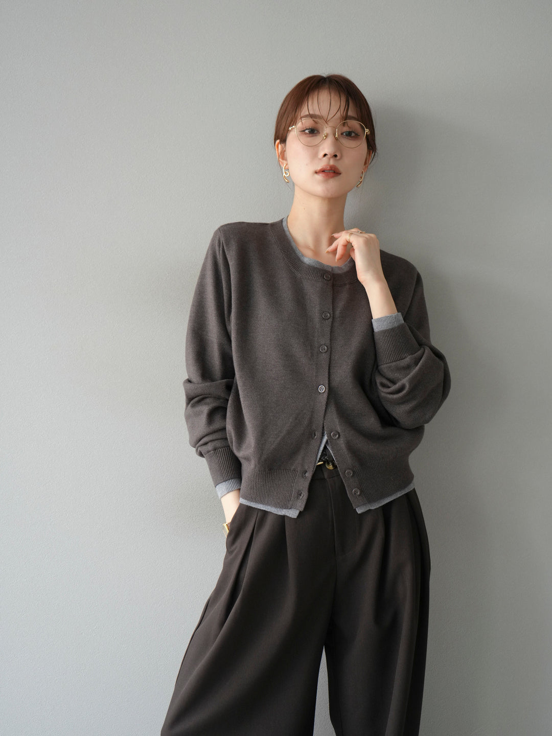 【SET】同色系疊穿開襟衫+雙褶寬褲（2件組）