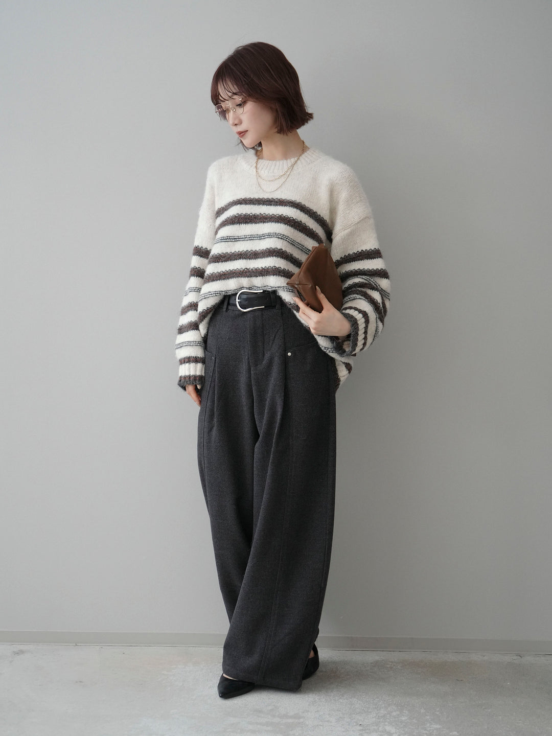 [SET]ステッチボーダーニットプルオーバー+ベルト付起毛コクーンパンツ(2set)