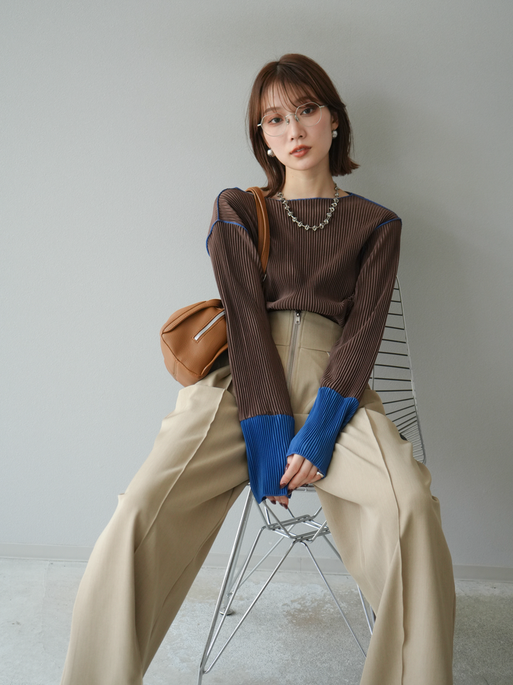 [予約]バイカラープリーツトップス/ブラウン