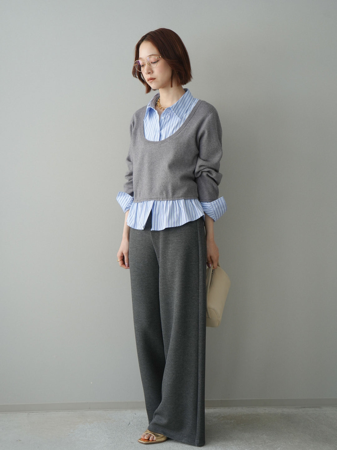 [SET]ストライプシャツUネックドッキングニットプルオーバー+イージーポンチワイドパンツ(2set)