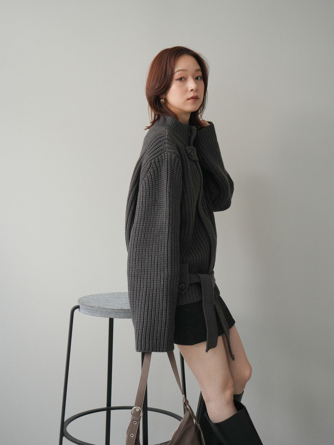 [SET]畦編みボトルネックZIPニットカーディガン+ウールタッチベルト付ミニスカート(2set)