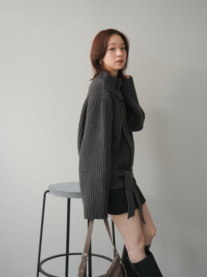 [SET]畦編みボトルネックZIPニットカーディガン+ウールタッチベルト付ミニスカート(2set)