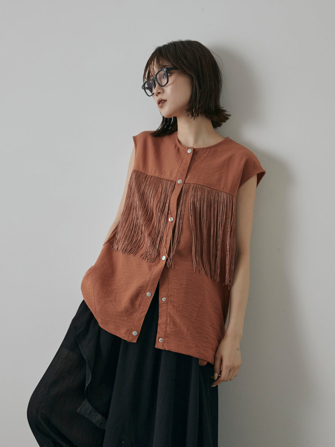 【預購】流蘇無袖上衣/摩卡色