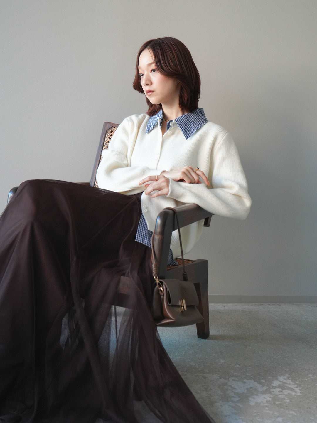 [SET]チェックシャツ襟ニットカーディガン+チュールボリュームスカート(2set)