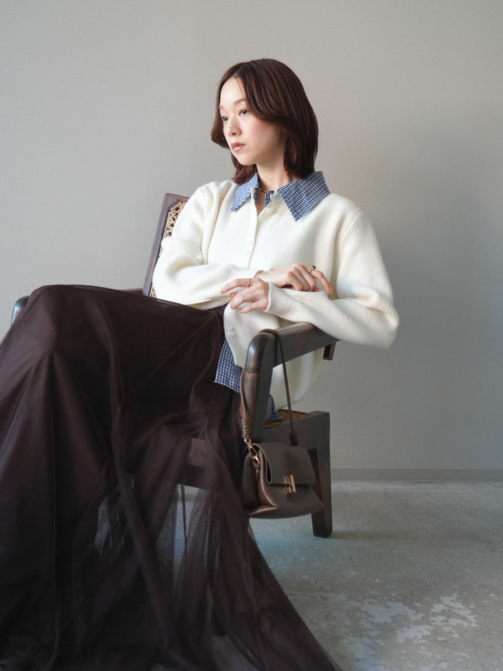 [SET]チェックシャツ襟ニットカーディガン+チュールボリュームスカート(2set)