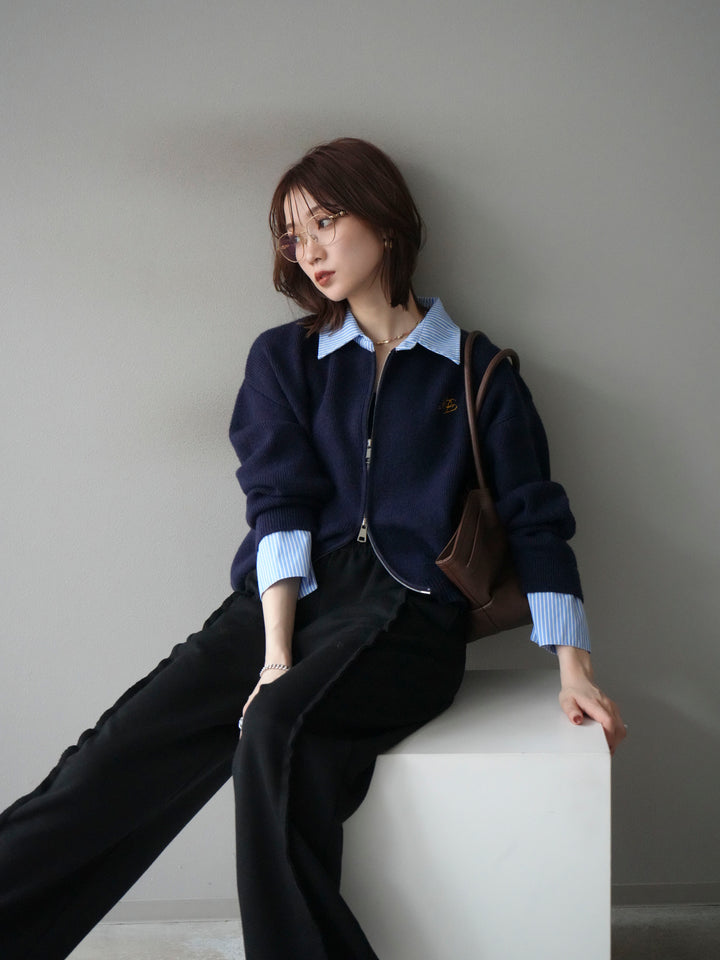 [予約]ストライプシャツレイヤードZIPニットカーディガン/navy