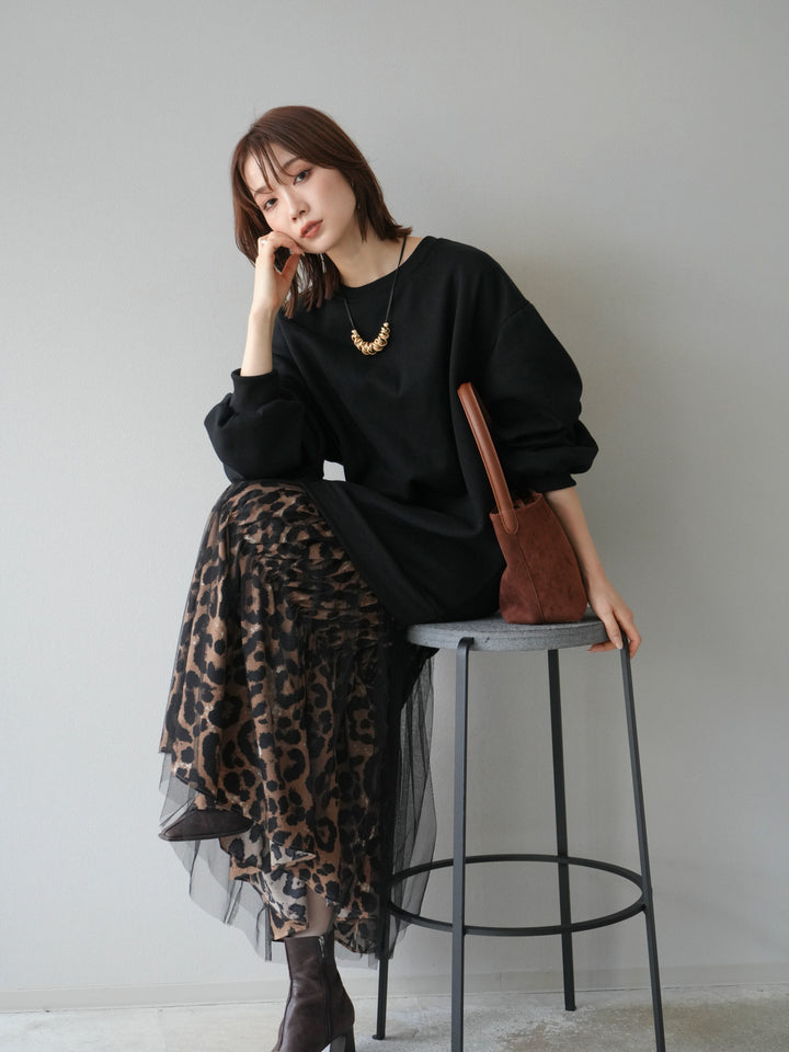 [予約]スウェットドッキングアニマル柄レイヤードワンピース/ブラック