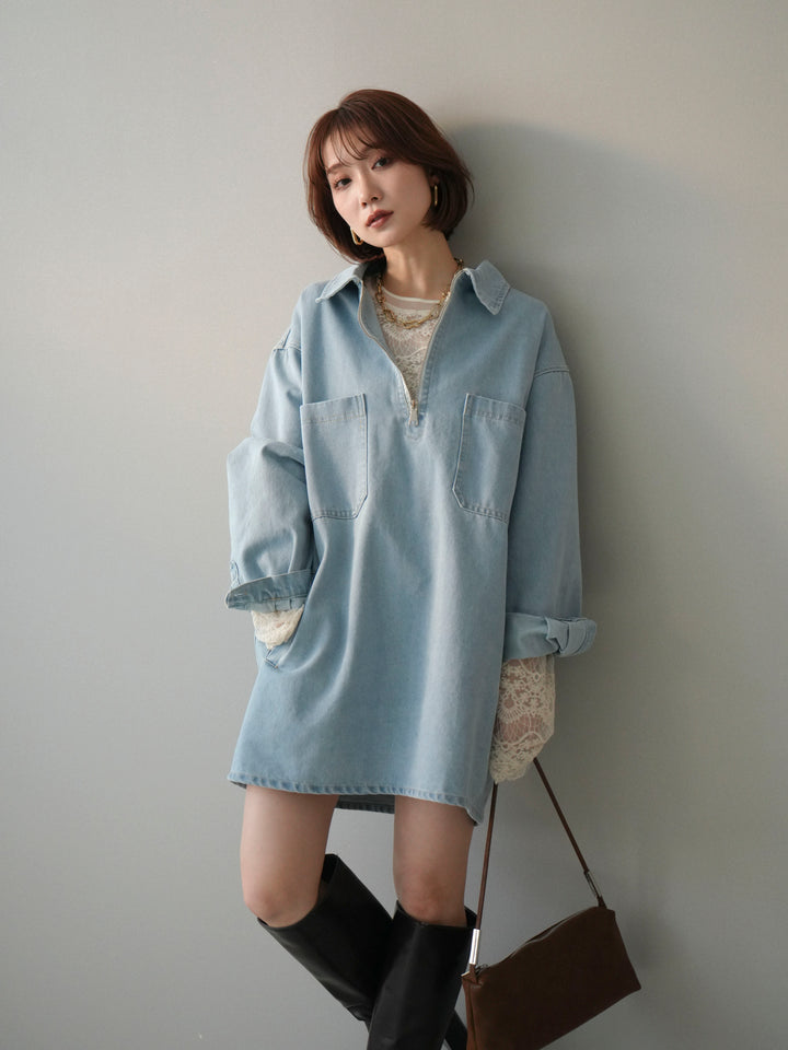 [SET]ハーフジップデニムミニワンピース+チュールレーストップス(2set)