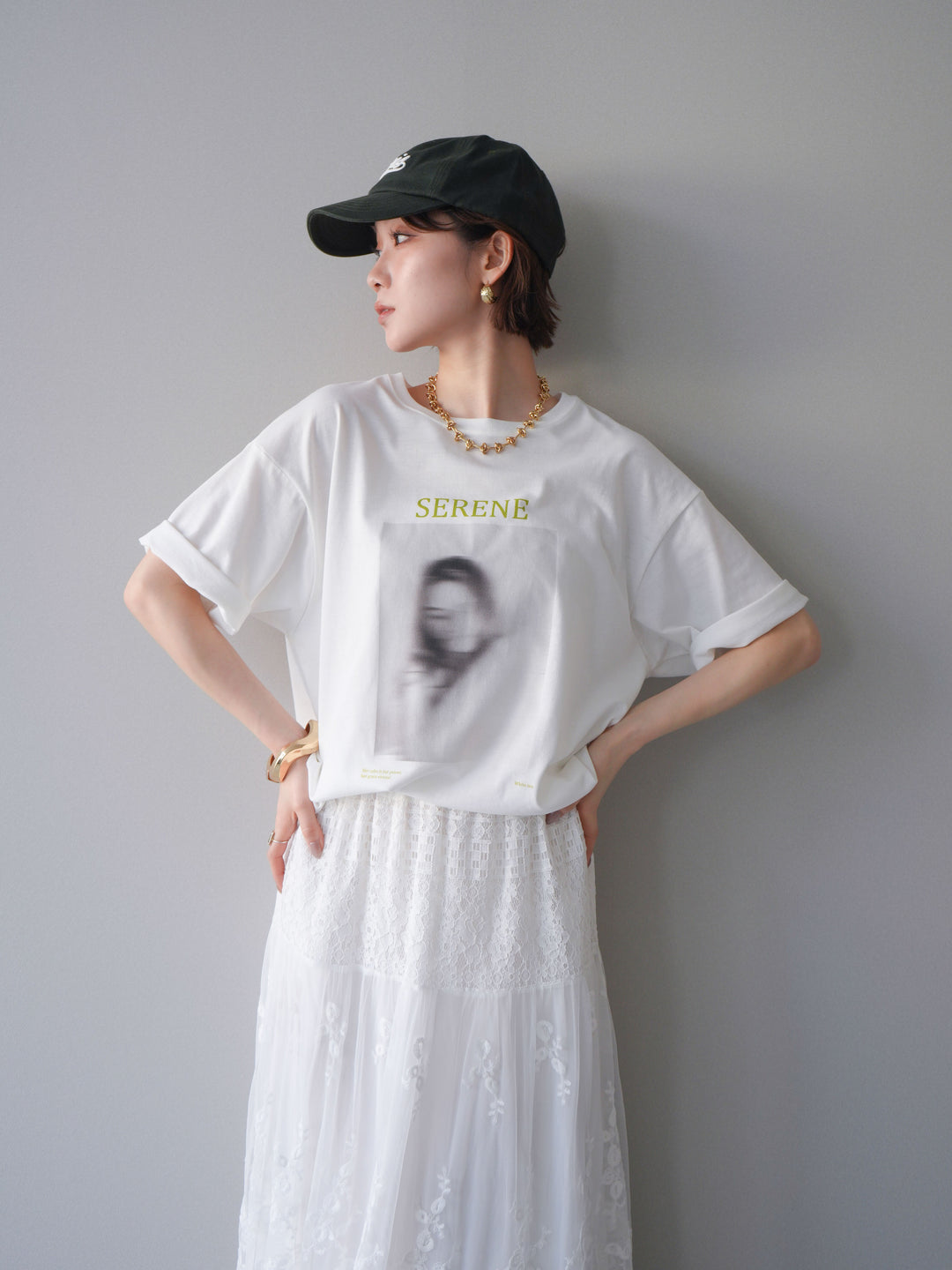 [SET]ブラーアートフォトTシャツ+シアーレースマキシスカート(2set)