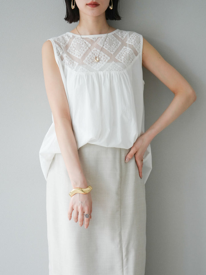 [予約]インド製コットンレース切替ノースリブラウス/オフ