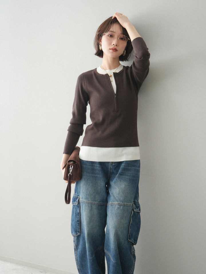 [予約]フロントジップ配色レイヤードニットトップス/choco