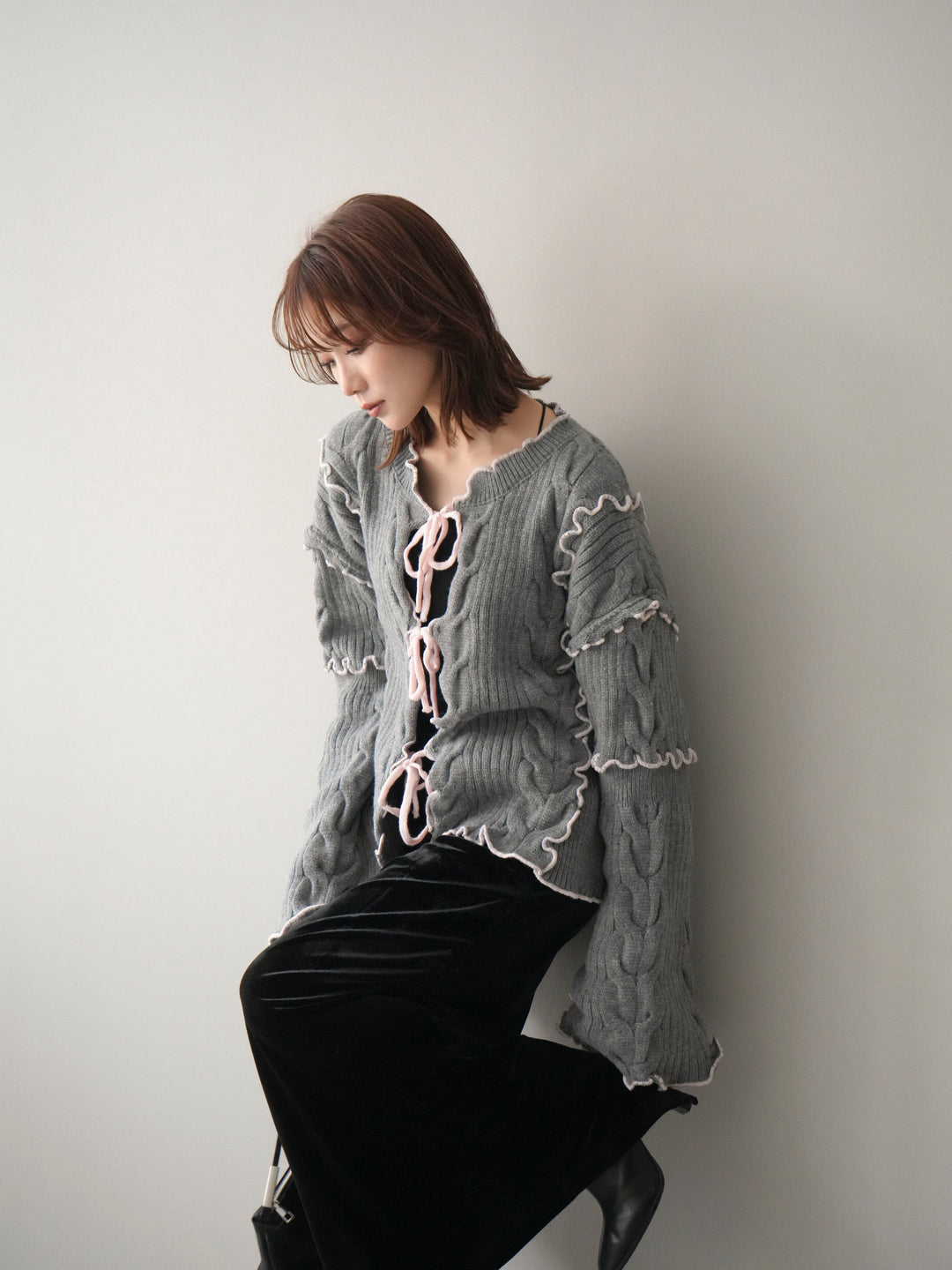 [SET]フロントリボン配色メローニットカーディガン+選べるアクセセット(2set)