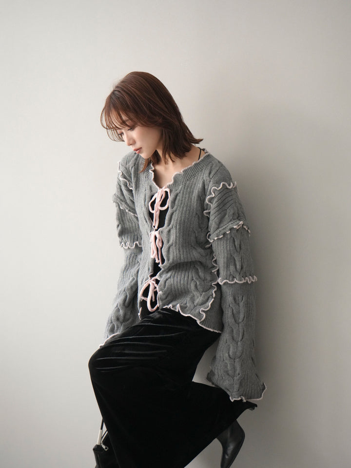 [SET]フロントリボン配色メローニットカーディガン+選べるアクセセット(2set)