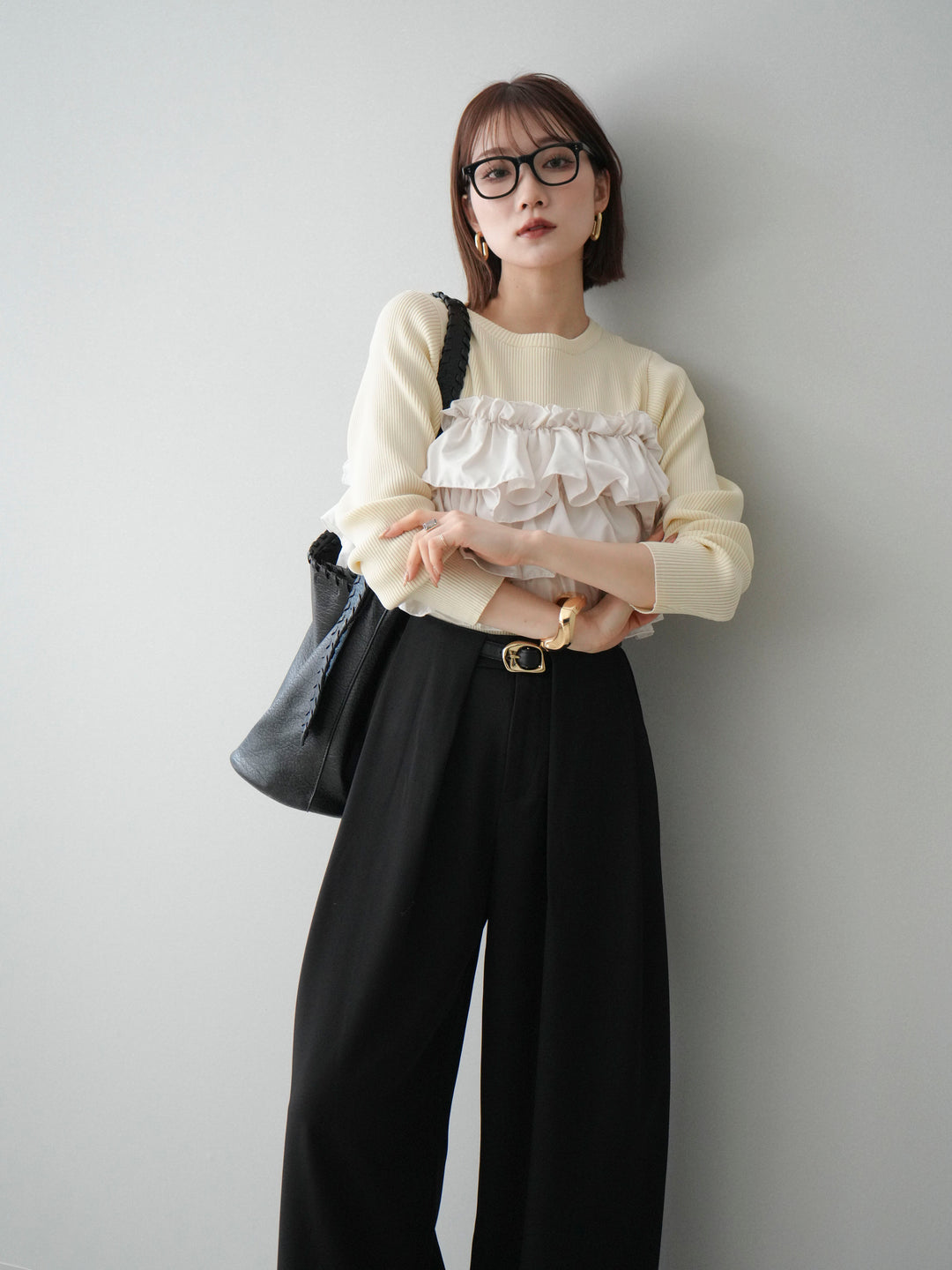 [SET]フリルビスチェドッキングスポンジニットプルオーバー+ストーンフォークリング(2set)