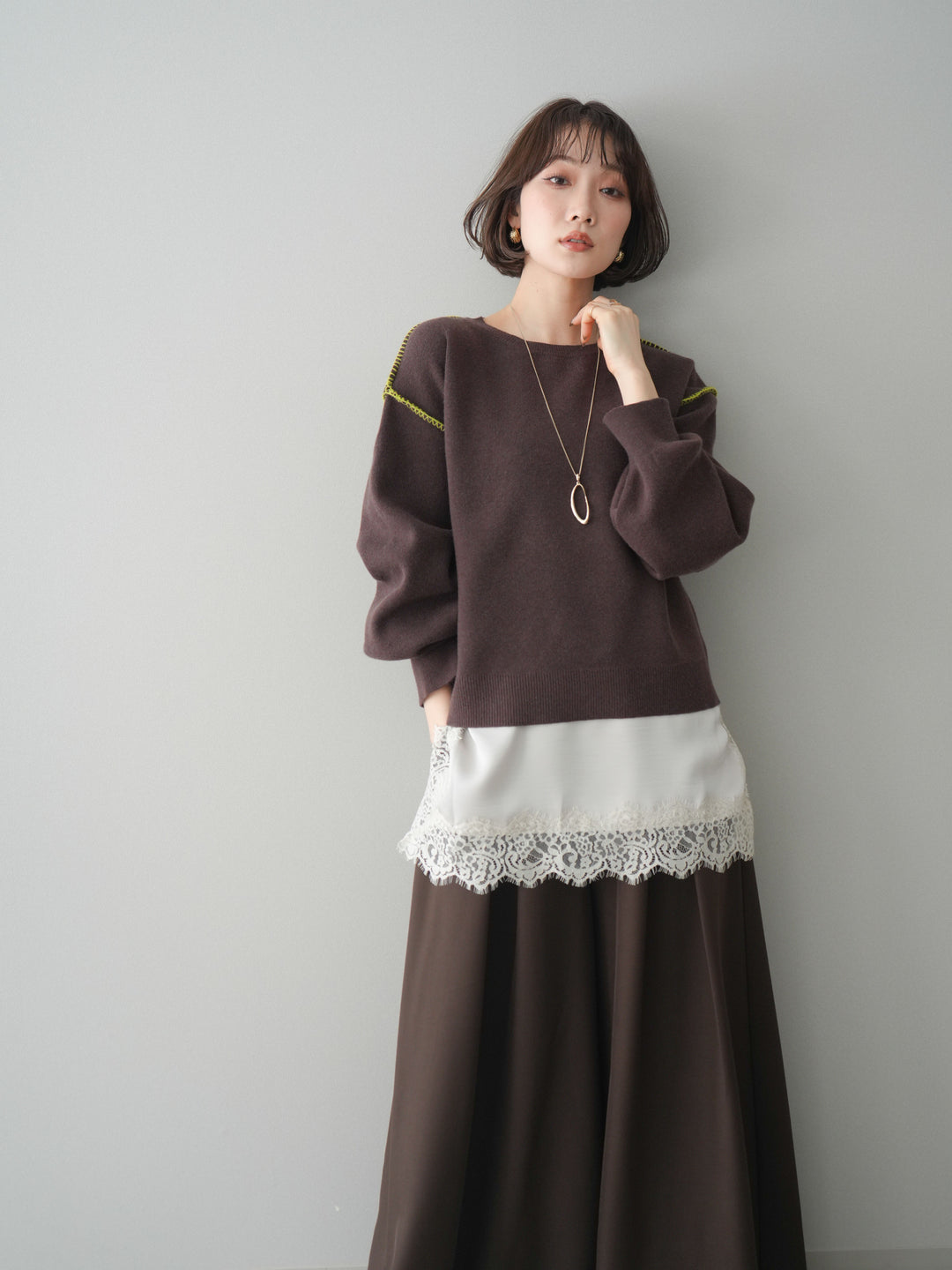 [SET]バックロゴ刺繍配色ステッチニットプルオーバー+選べるアクセセット(2set)