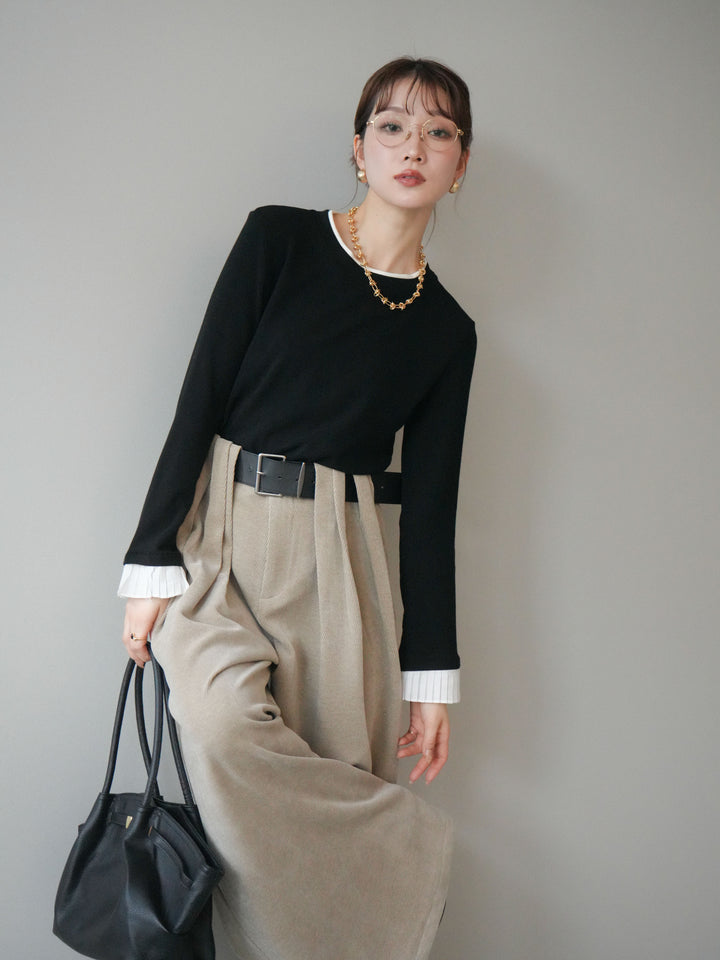 [予約]袖プリーツ配色レイヤードトップス/black