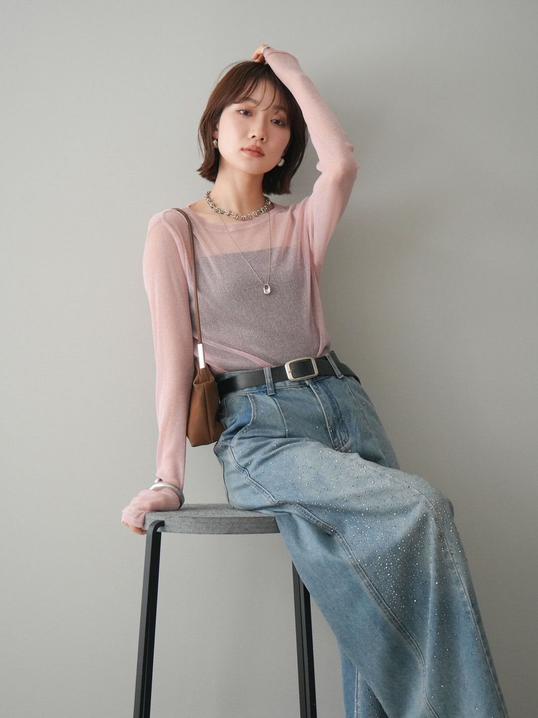 [予約]ラメシアークルーネックトップス/pink
