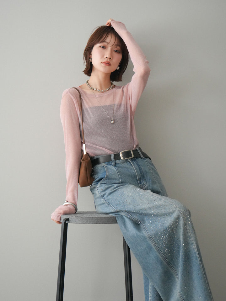[予約]ラメシアークルーネックトップス/pink