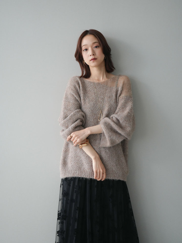 [SET]透かしデザインニットプルオーバー+フラワーフロッキーチュールプリーツスカート(2set)