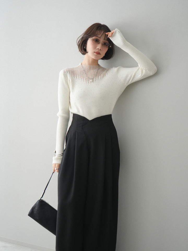 [SET]シアー切替スパンコールリブニットトップス+選べるアクセセット(2set)