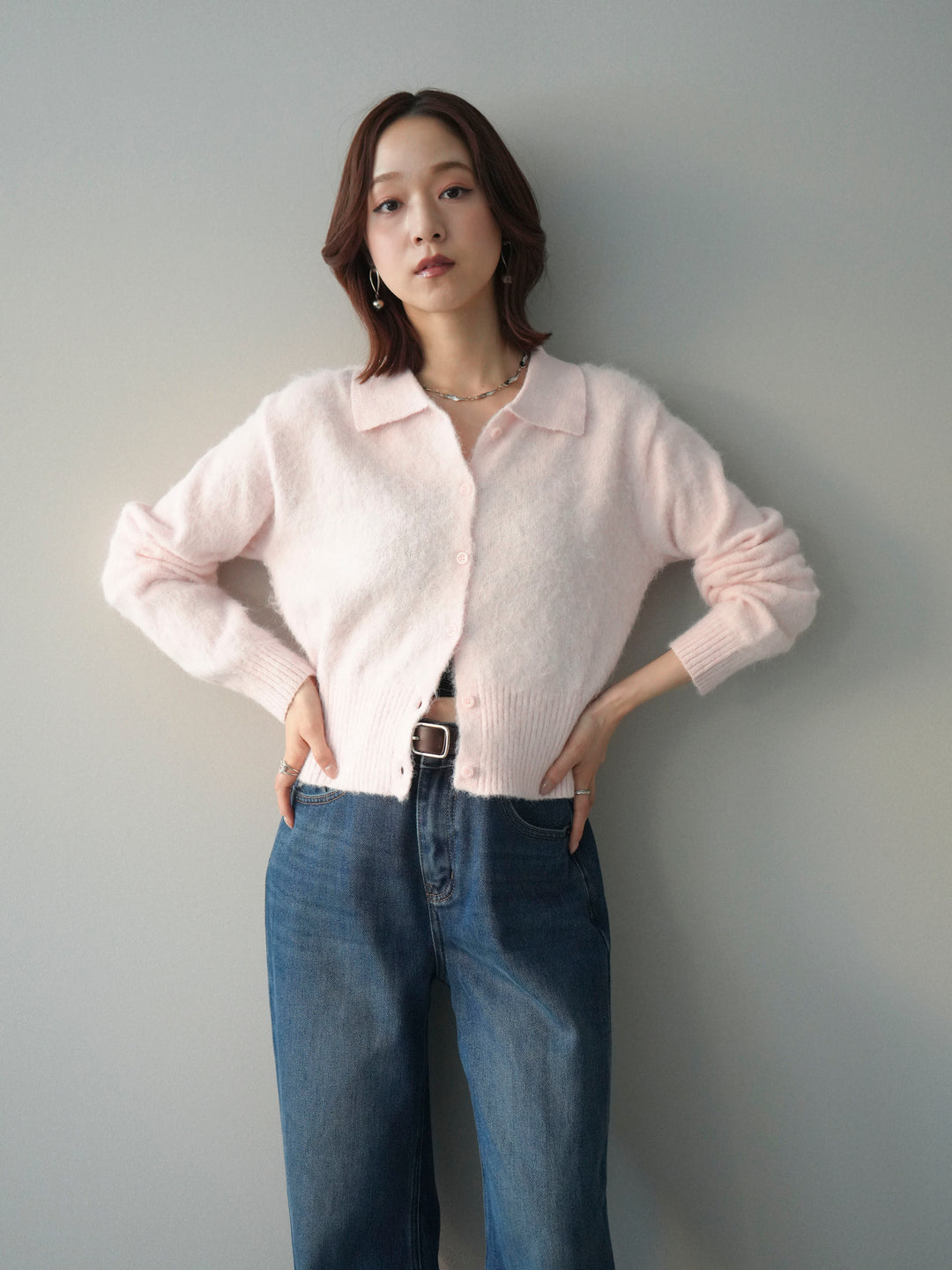 [SET]モヘア衿付きボタンプルオーバー+裏起毛裾フリンジワイドデニムパンツ(2set)