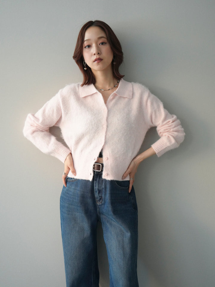 [SET]モヘア衿付きボタンプルオーバー+裏起毛裾フリンジワイドデニムパンツ(2set)