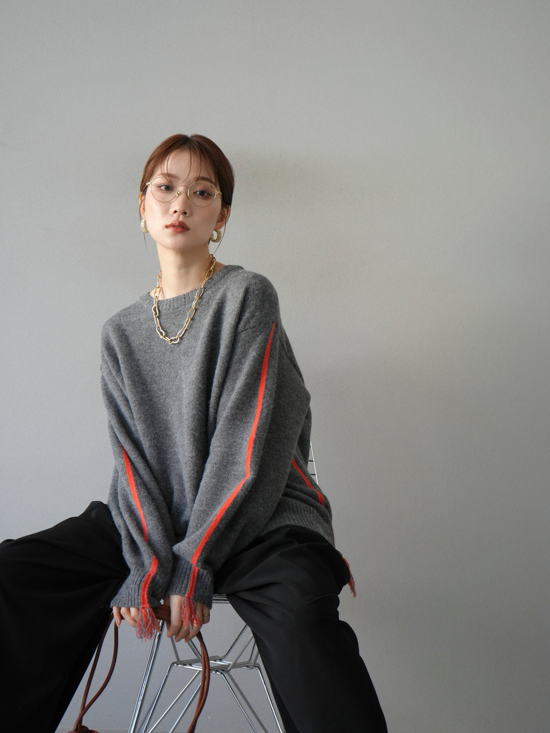 [予約]配色ステッチフリンジニットプルオーバー /チャコール