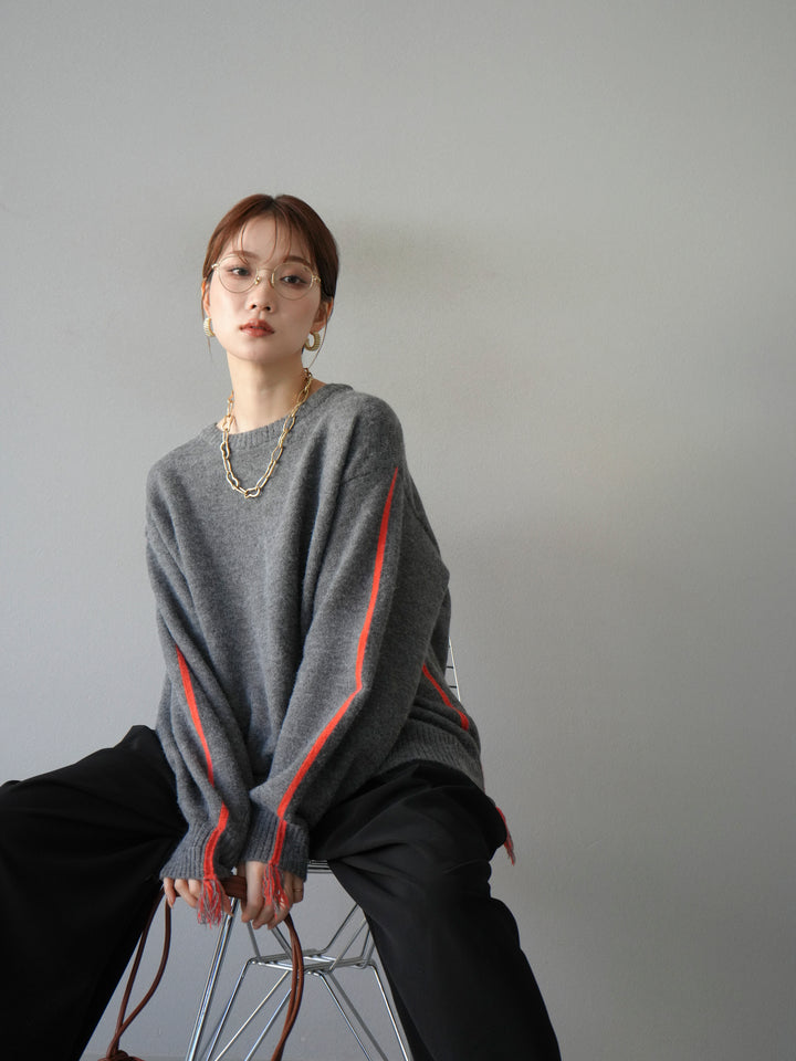 [予約]配色ステッチフリンジニットプルオーバー /チャコール