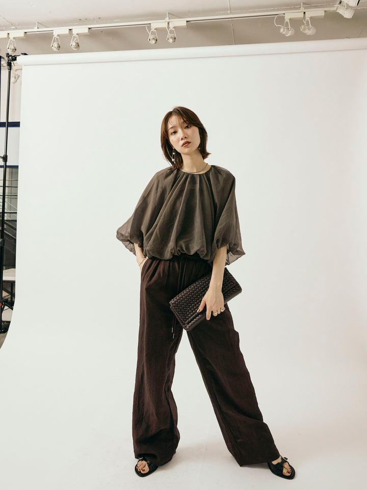 【Allure】[SET]オーガンジーバルーンショートブラウス+シャイニースラブシアーワイドパンツ(2set)