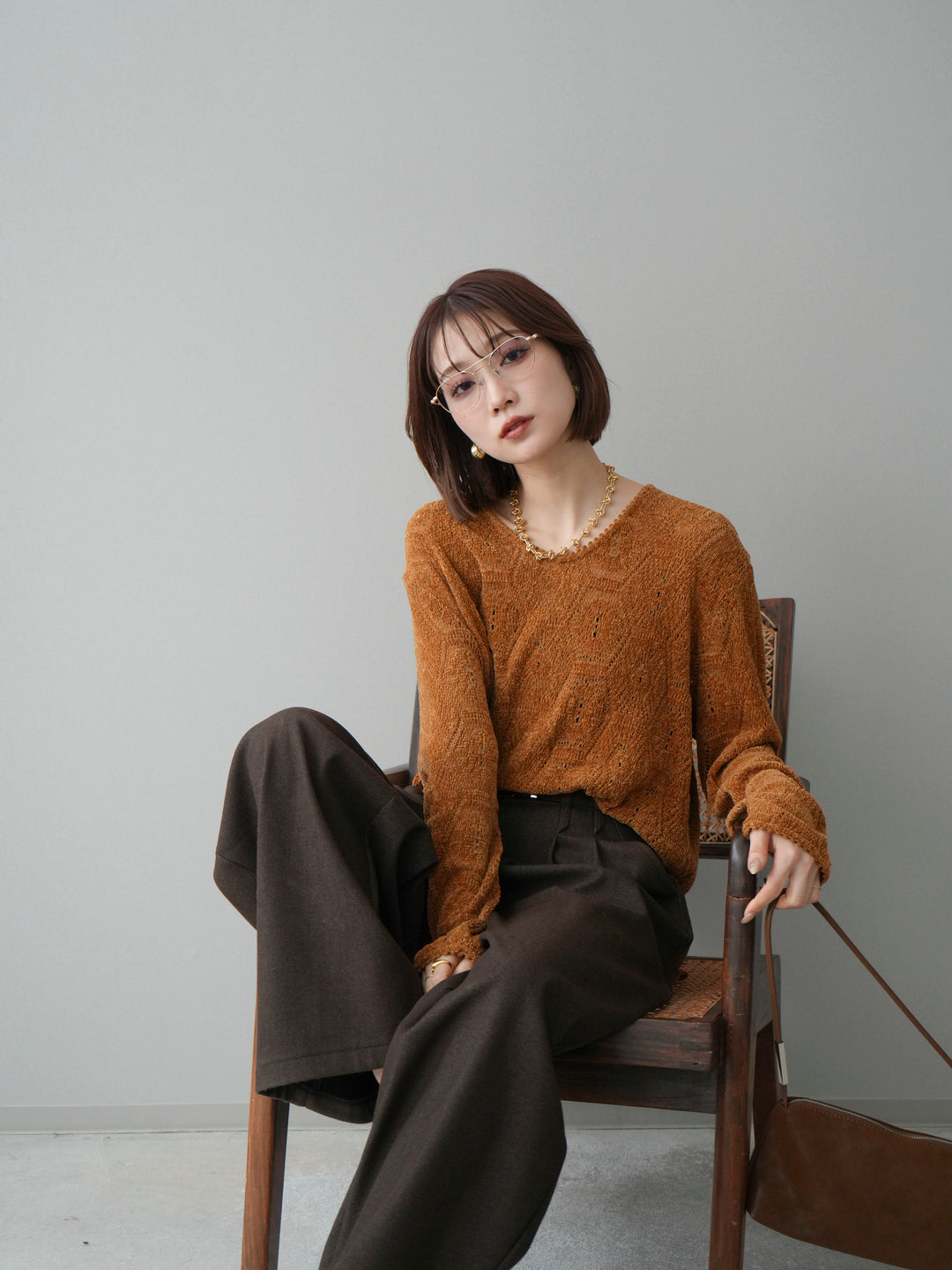 [予約]モール透かし編みニットトップス/camel