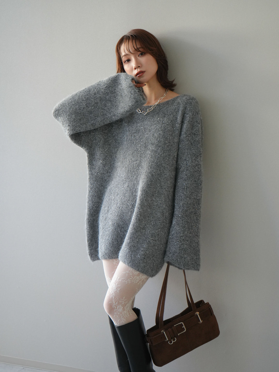 [予約]スパンコールミニシャギーニットチュニック/gray