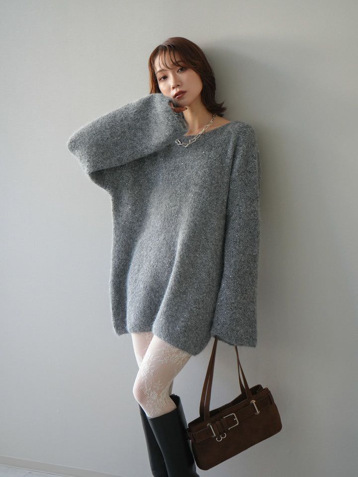 [予約]スパンコールミニシャギーニットチュニック/gray