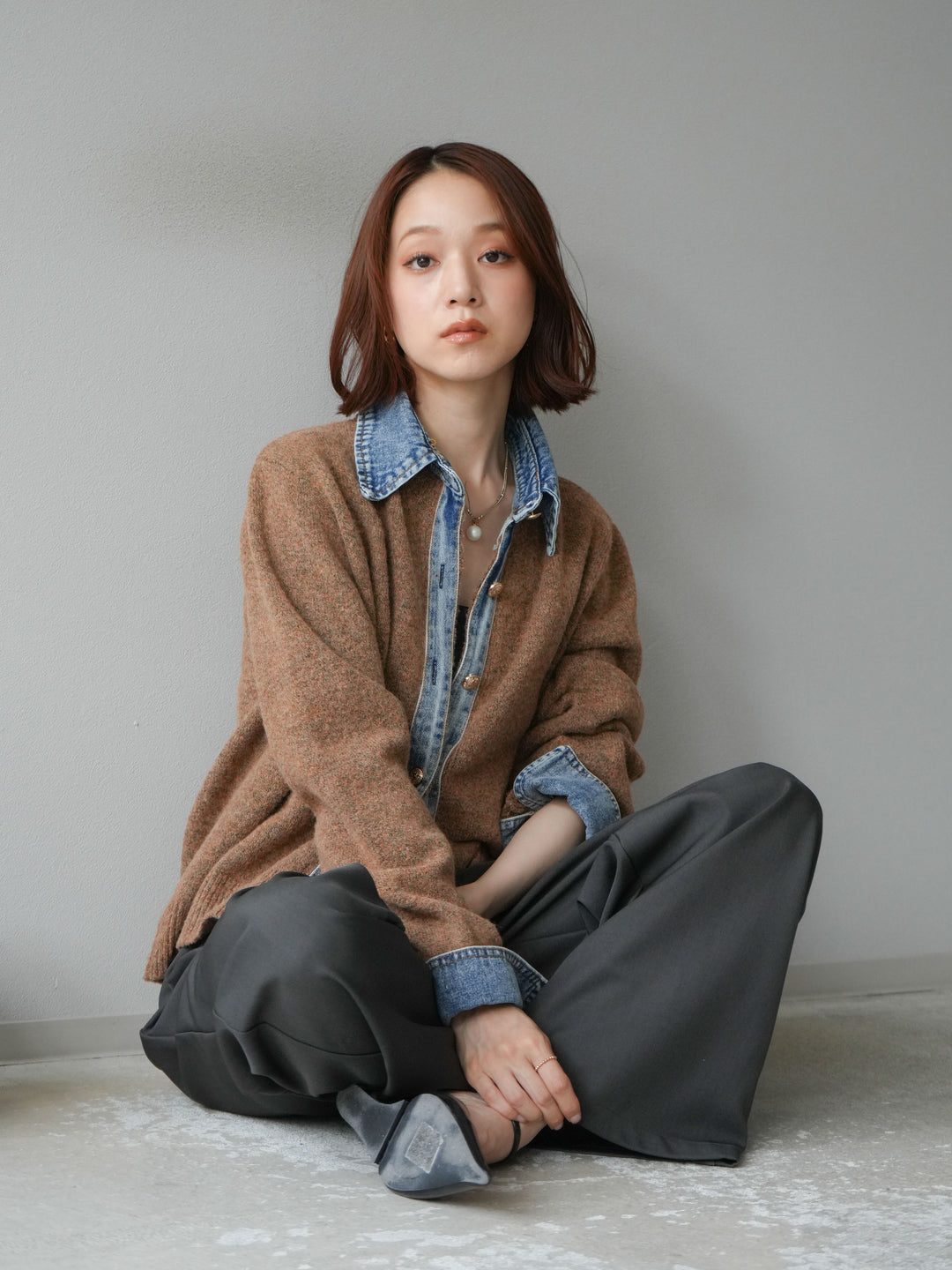 [SET]デニム襟ボタンニットカーディガン+エステルタックワイドパンツ(2set)