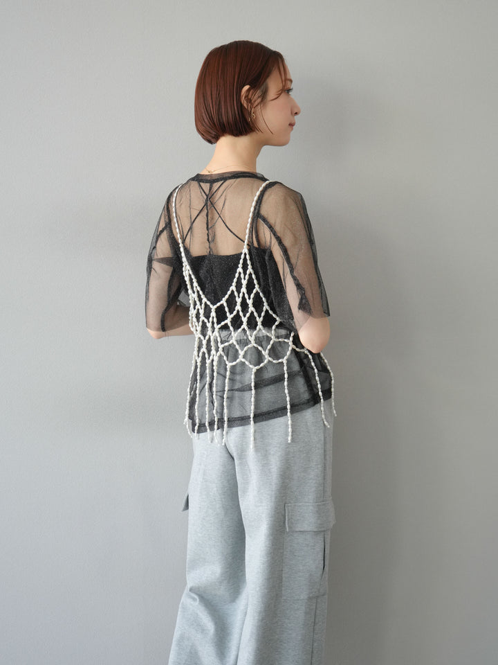 [SET]ラメチュールシャーリングプルオーバー+パールフリンジビスチェ+ウエストラインサイドポケットスウェットパンツ(3set)