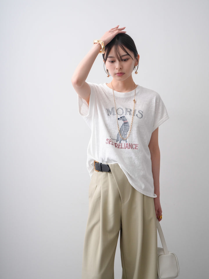 [SET]ドッグエンブロイダリーTEE+アシンメトリーベルトタックワイドパンツ(2set)