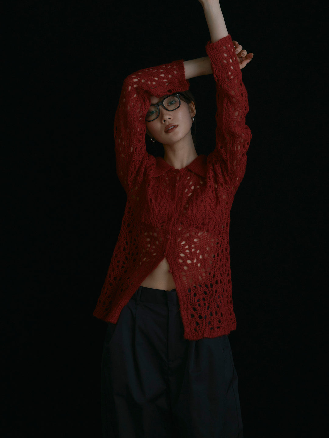 [予約]ローゲージ透かし編みポロニッカーディガン/レッド