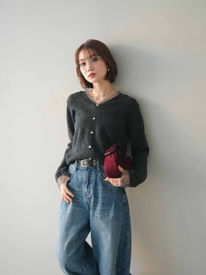 [SET]ドットチュールレイヤードボタンニットトップス+選べるアクセセット(2set)