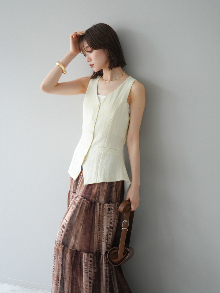 [SET]リネンタッチバックオープンベスト＆ニュアンス柄マキシスカートSET UP(2set)