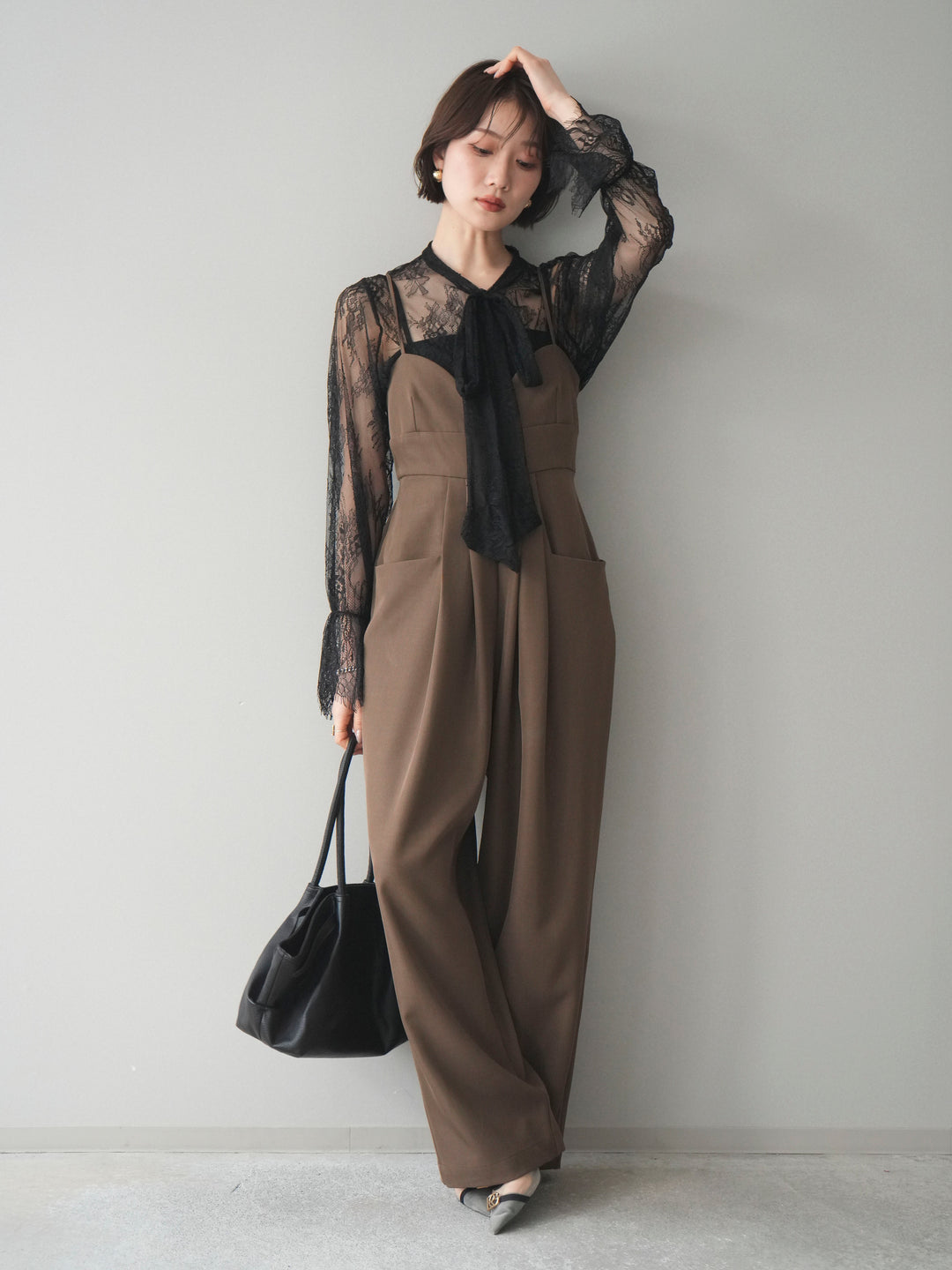 [SET]バックデザインサロペット+リバーレースボウタイトップス(2set)