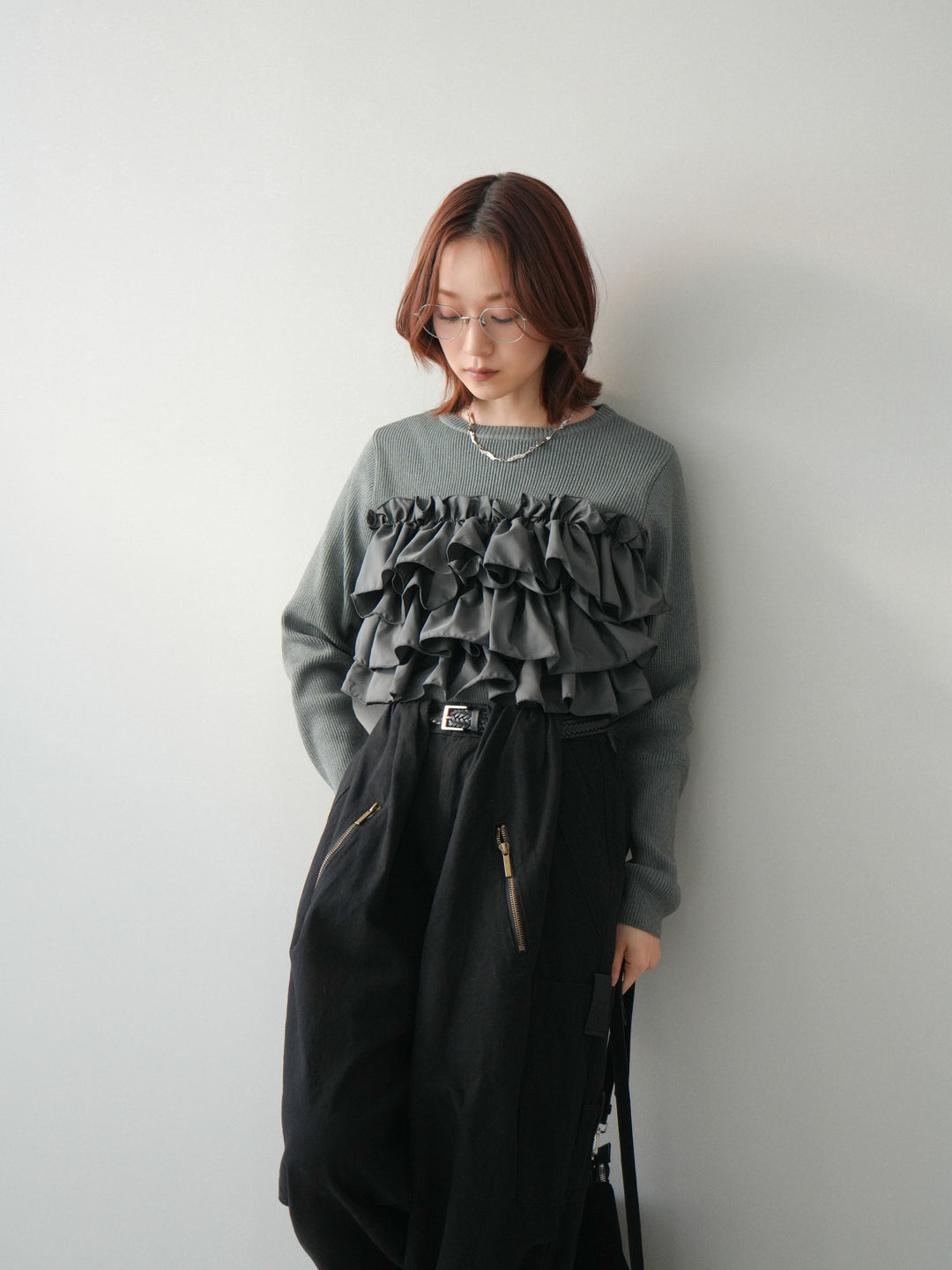 [SET]フリルビスチェドッキングスポンジニットプルオーバー+コットンタックループパンツ(2set)