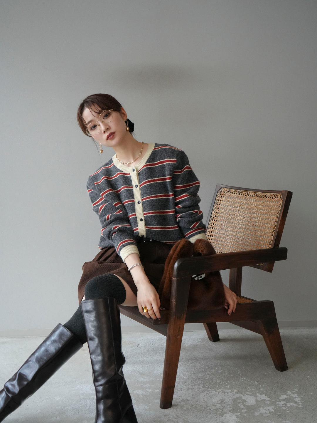 [予約]配色ボーダーニットカーディガン/gray