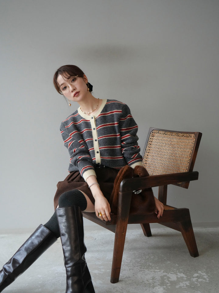 [予約]配色ボーダーニットカーディガン/gray