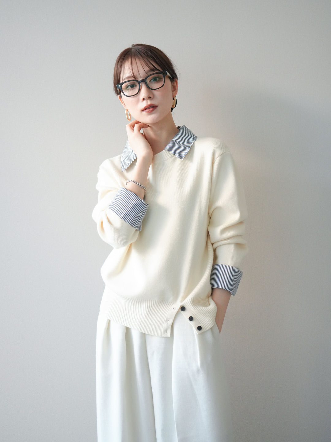 [予約]シャツドッキングデザイン裾ボタンニットプルオーバー/beige